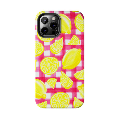 Yellow Lemons & Hot Pink Gingham Watercolor Illustrated Tough Phone Case | Various Models Available