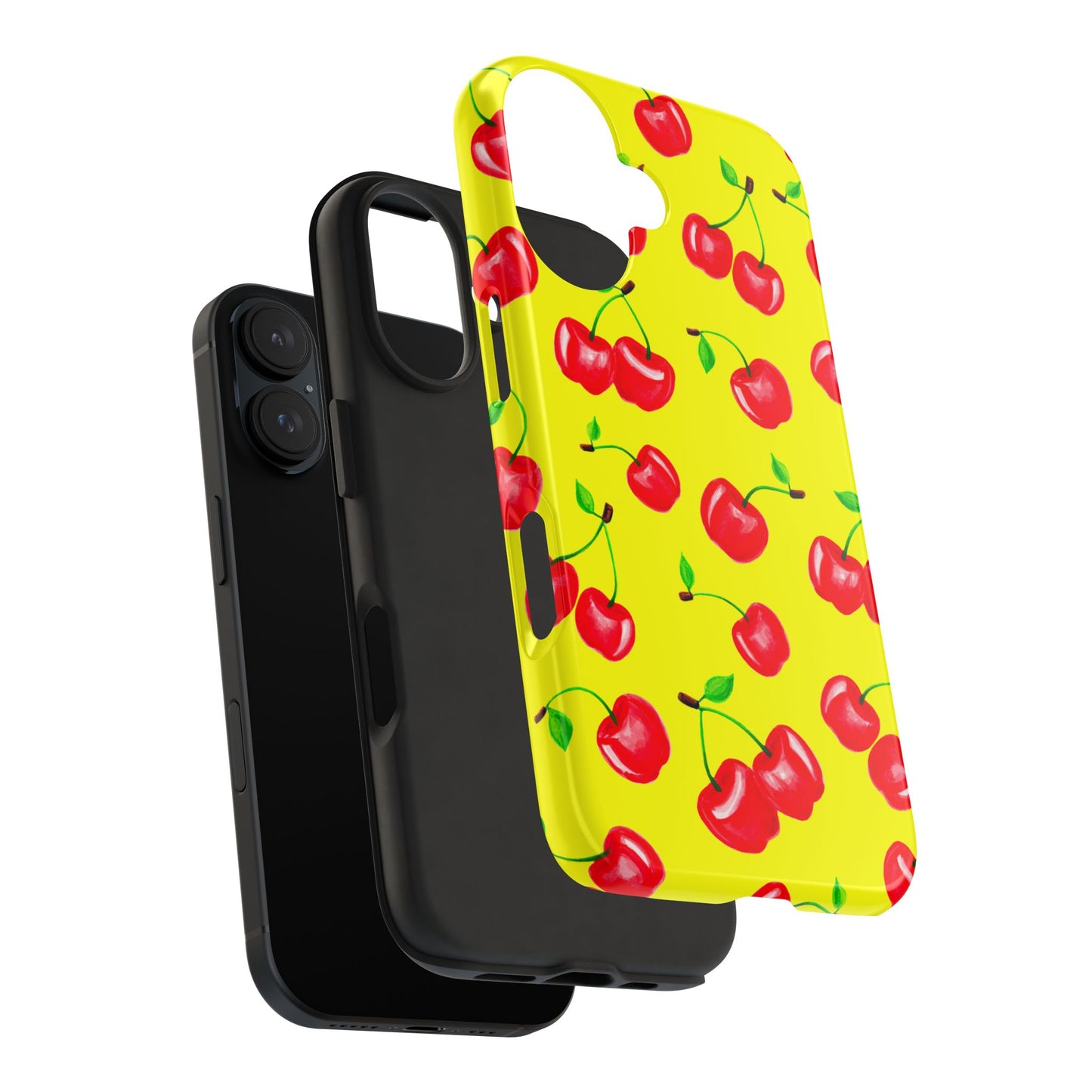 Tossed Red Watercolor Cherries Illustrated Pattern Bright Yellow Tough Phone Case | Various Models