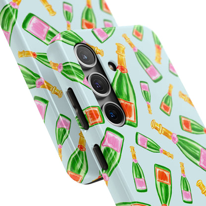 Tossed Pink and Green & Orange and Green Watercolor Illustrated Champagne Bottles Pattern Light Blue Tough Phone Case | Various Models