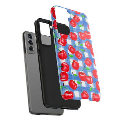 Tossed Red Cherries Blue Gingham Checkered Watercolor Illustrated Tough Phone Case | Various Models