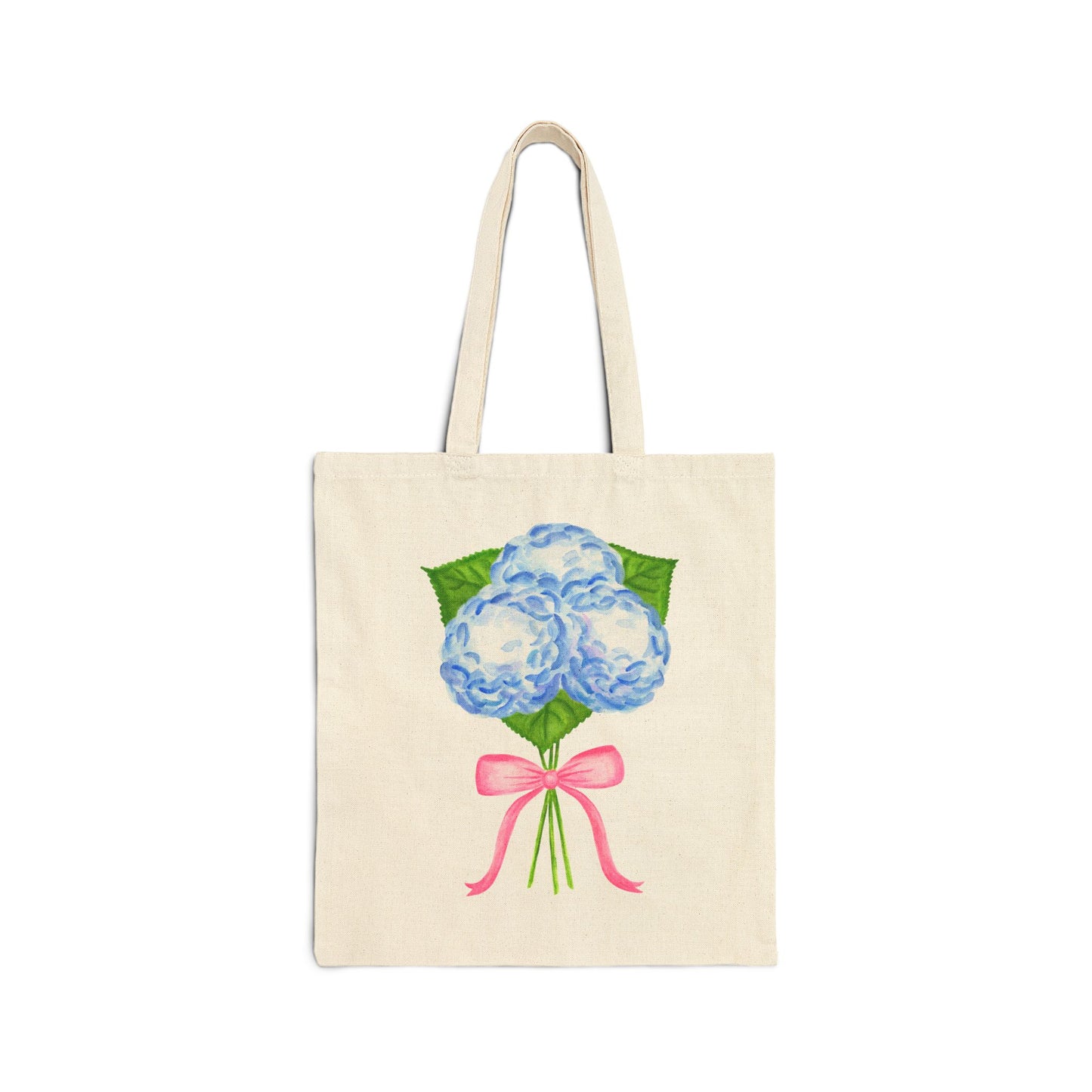 Canvas Book Tote | Blue Hydrangeas with Light Pink Bow Watercolor Printed Farmers Market Tote | Coastal Preppy Gifts
