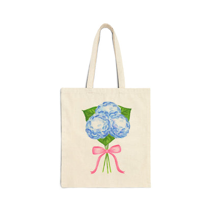 Canvas Book Tote | Blue Hydrangeas with Light Pink Bow Watercolor Printed Farmers Market Tote | Coastal Preppy Gifts