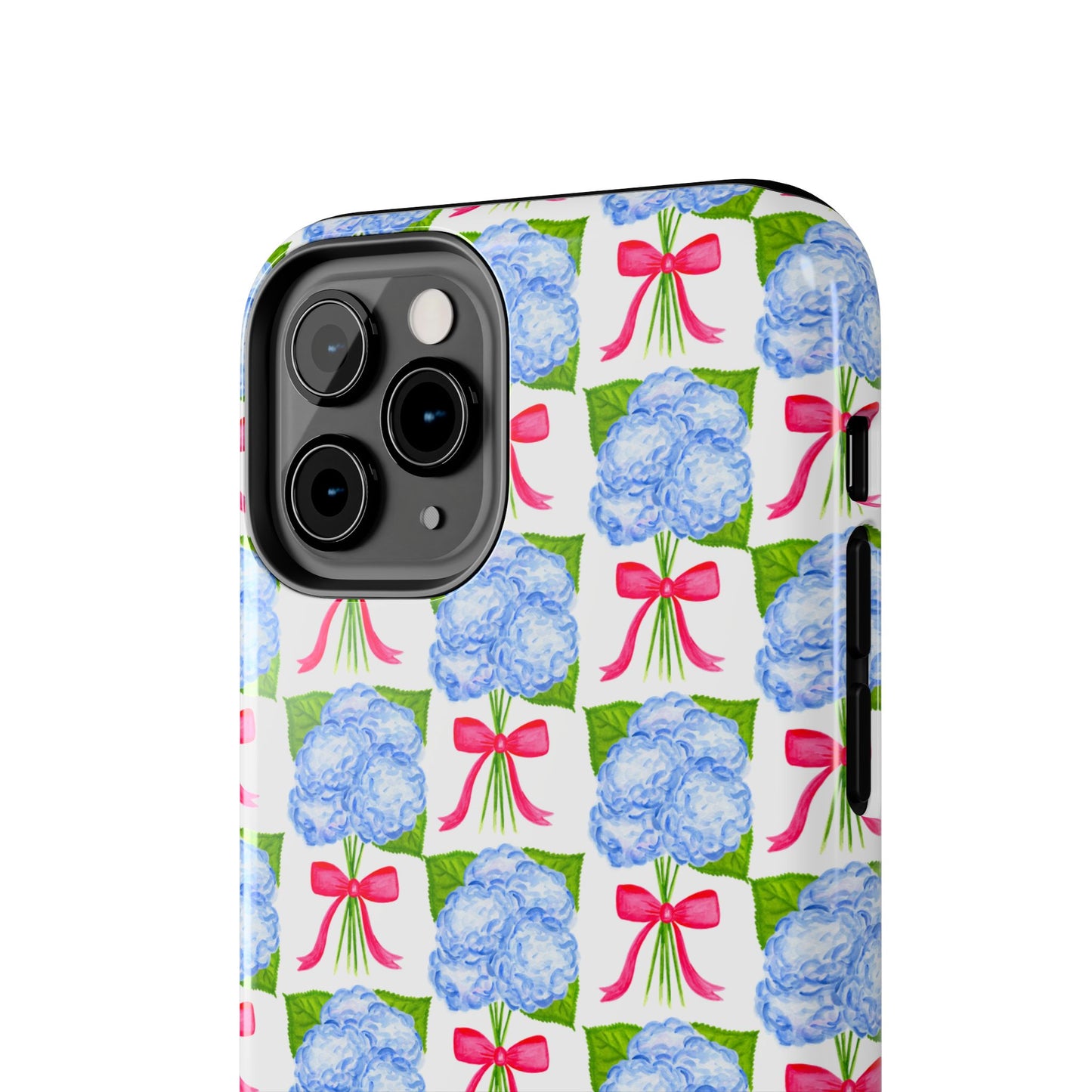 Blue Watercolor Hydrangea Bouquets with Hot Pink Bows Illustrated Patterned Tough Phone Case | Various Models