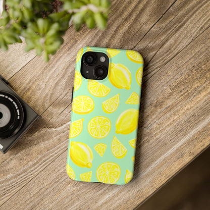 Bright Yellow Lemons Watercolor Illustrated Tossed Pattern Mint Green Tough Phone Case | Various Models