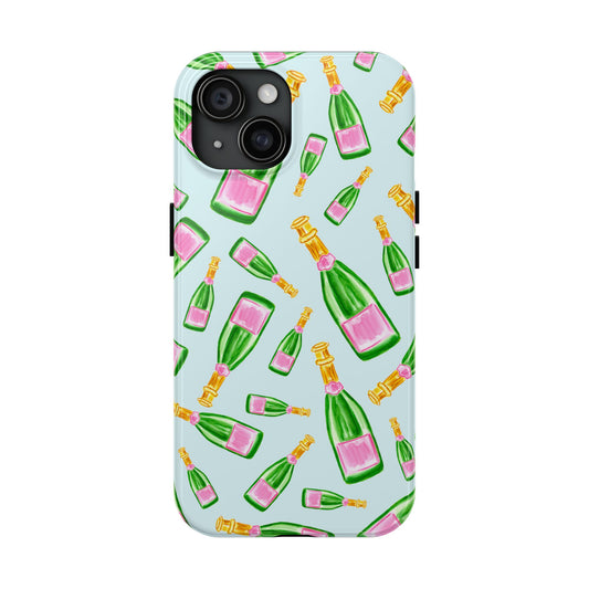 Tossed Pink and Green Watercolor Illustrated Champagne Bottles Pattern Light Blue Tough Phone Case | Various Models iPhone 15