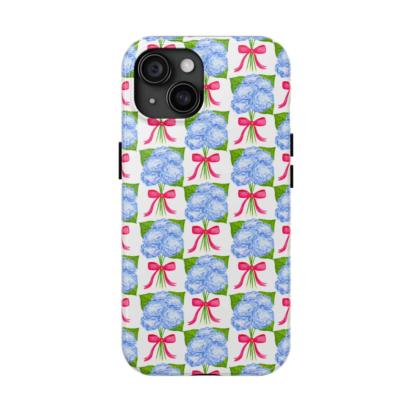 Blue Watercolor Hydrangea Bouquets with Hot Pink Bows Illustrated Patterned Tough Phone Case | Various Models