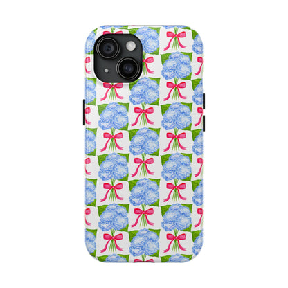 Blue Watercolor Hydrangea Bouquets with Hot Pink Bows Illustrated Patterned Tough Phone Case | Various Models
