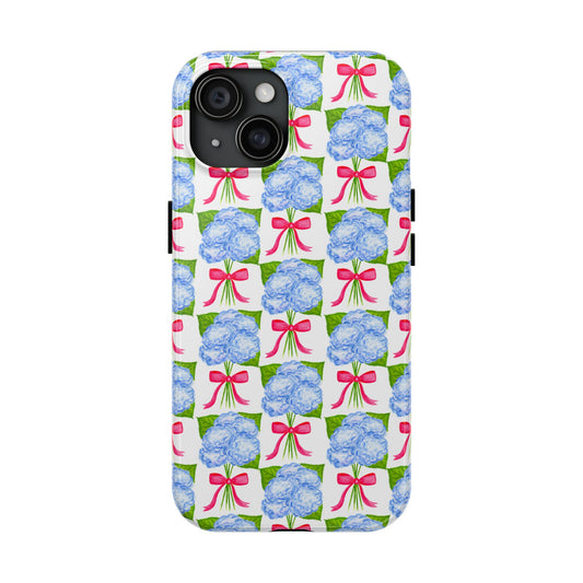 Blue Watercolor Hydrangea Bouquets with Hot Pink Bows Illustrated Patterned Tough Phone Case | Various Models iPhone 15