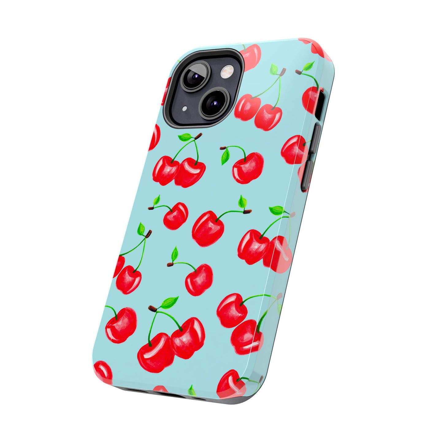 Tossed Red Watercolor Cherries Illustrated Pattern Bright Blue Tough Phone Case | Various Models