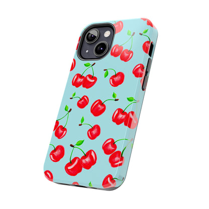 Tossed Red Watercolor Cherries Illustrated Pattern Bright Blue Tough Phone Case | Various Models