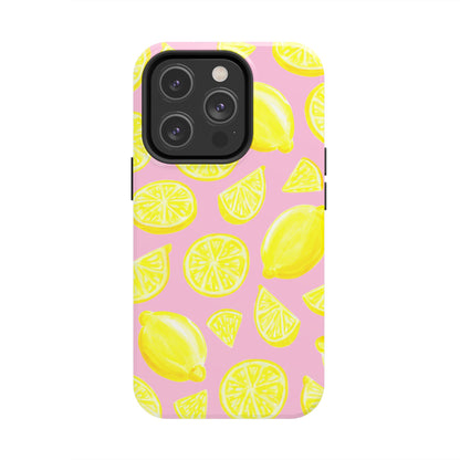 Bright Yellow Lemons Watercolor Illustrated Tossed Pattern Light Pink Tough Phone Case | Various Models