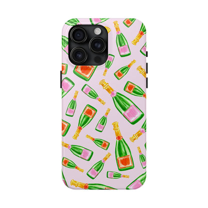 Tossed Pink and Green & Orange and Green Watercolor Illustrated Champagne Bottles Pattern Blush Pink Tough Phone Case | Various Models