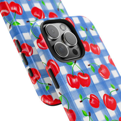 Tossed Red Watercolor Illustrated Cherries Light Blue Gingham Tough Phone Case | Various Models