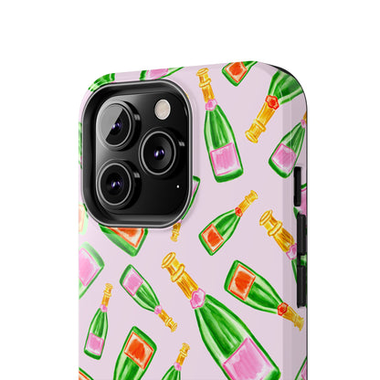 Tossed Pink and Green & Orange and Green Watercolor Illustrated Champagne Bottles Pattern Blush Pink Tough Phone Case | Various Models