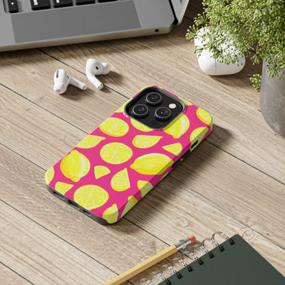 Bright Yellow Lemons Watercolor Illustrated Tossed Pattern Watermelon Pink Tough Phone Case | Various Models