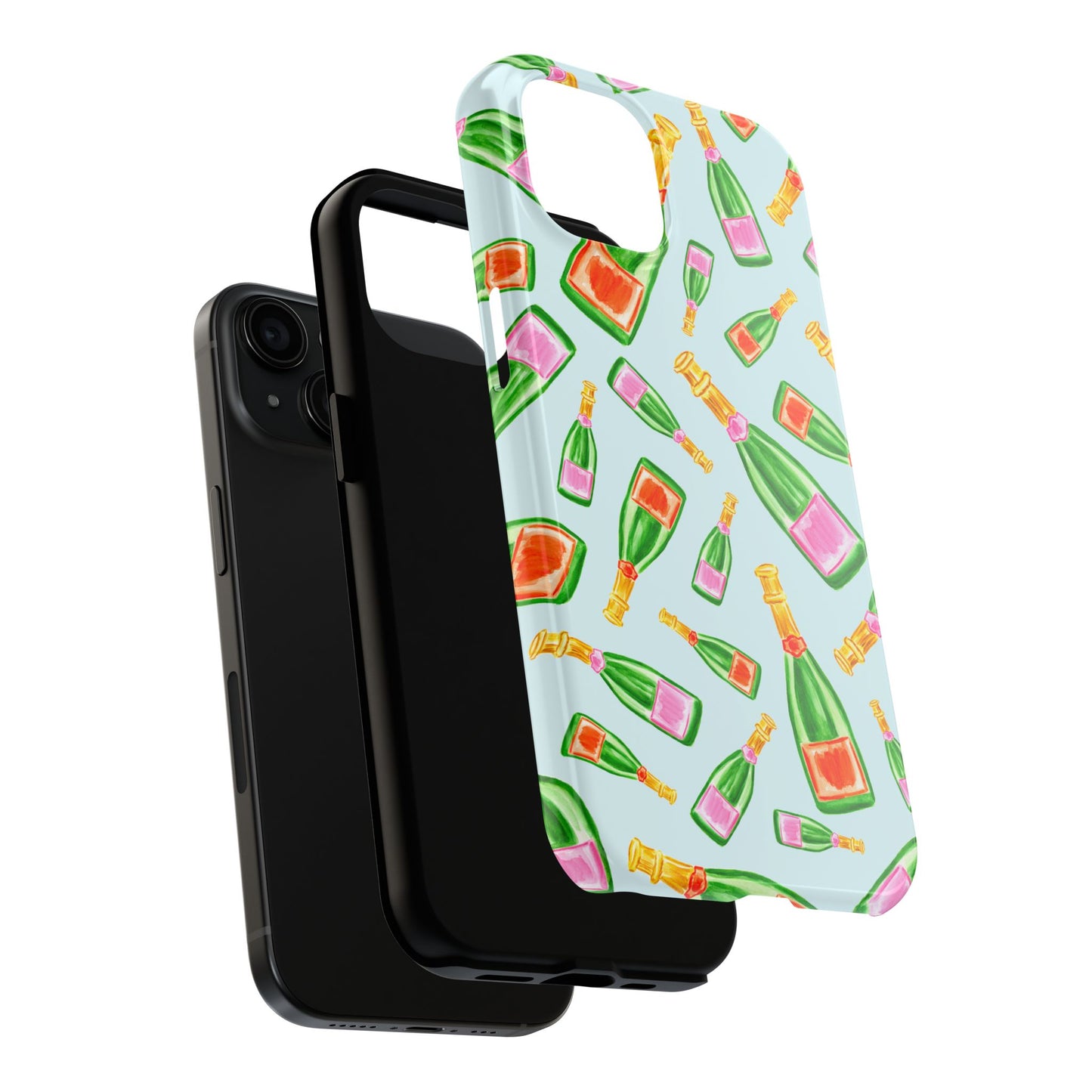 Tossed Pink and Green & Orange and Green Watercolor Illustrated Champagne Bottles Pattern Light Blue Tough Phone Case | Various Models