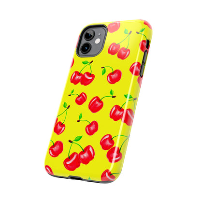 Tossed Red Watercolor Cherries Illustrated Pattern Bright Yellow Tough Phone Case | Various Models