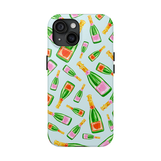 Tossed Pink and Green & Orange and Green Watercolor Illustrated Champagne Bottles Pattern Light Blue Tough Phone Case | Various Models iPhone 15