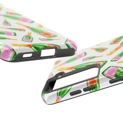 Tossed Pink and Green & Orange and Green Watercolor Illustrated Champagne Bottles Pattern Tough Phone Case | Various Models