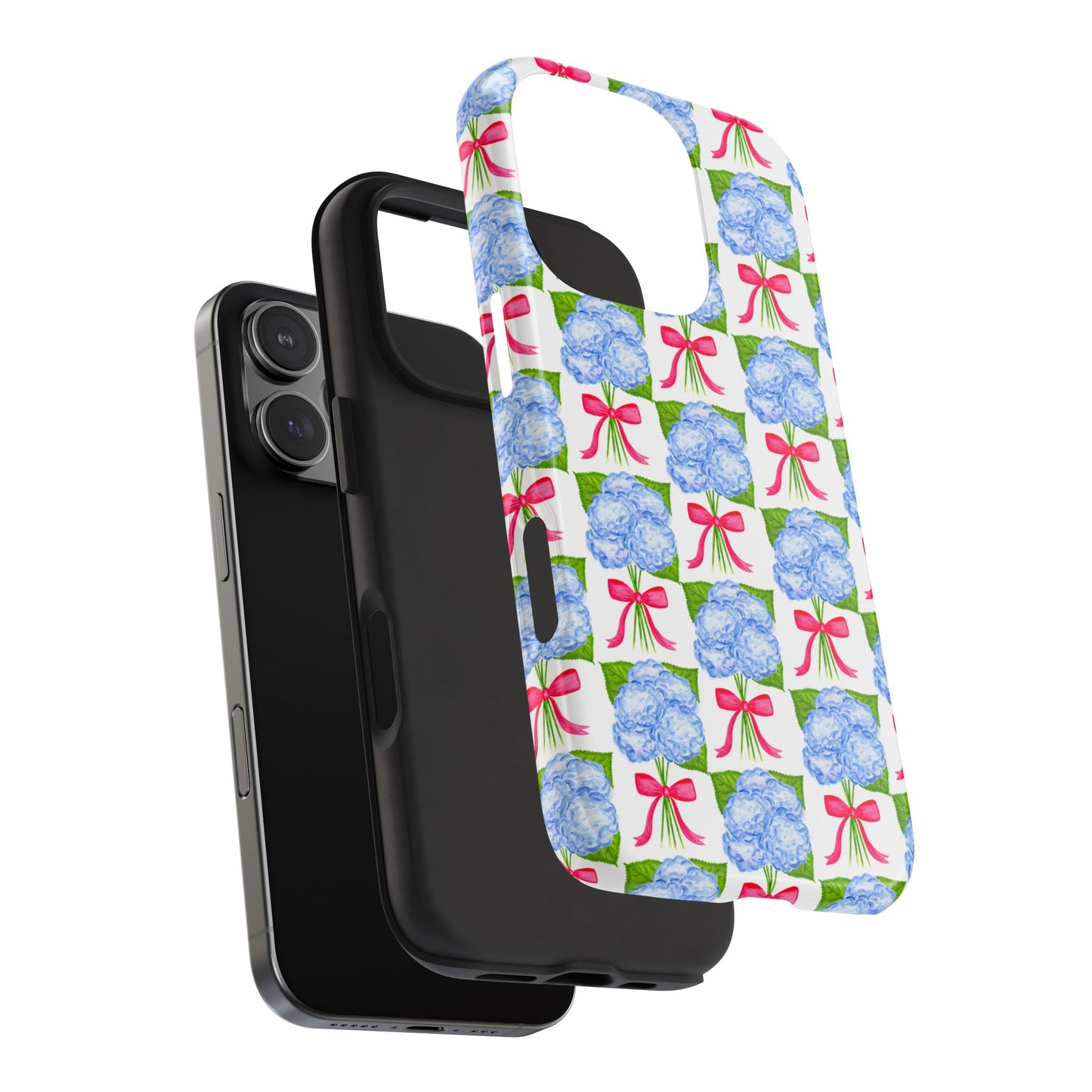 Blue Watercolor Hydrangea Bouquets with Hot Pink Bows Illustrated Patterned Tough Phone Case | Various Models