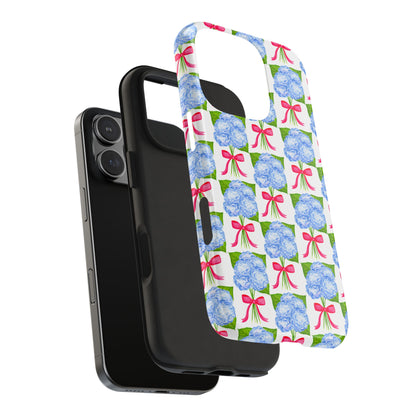 Blue Watercolor Hydrangea Bouquets with Hot Pink Bows Illustrated Patterned Tough Phone Case | Various Models