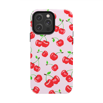 Tossed Red Watercolor Cherries Illustrated Pattern Light Pink Tough Phone Case | Various Models