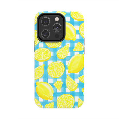 Bright Yellow Lemons Watercolor Illustrated Tossed Pattern Turquoise Gingham Tough Phone Case | Various Models