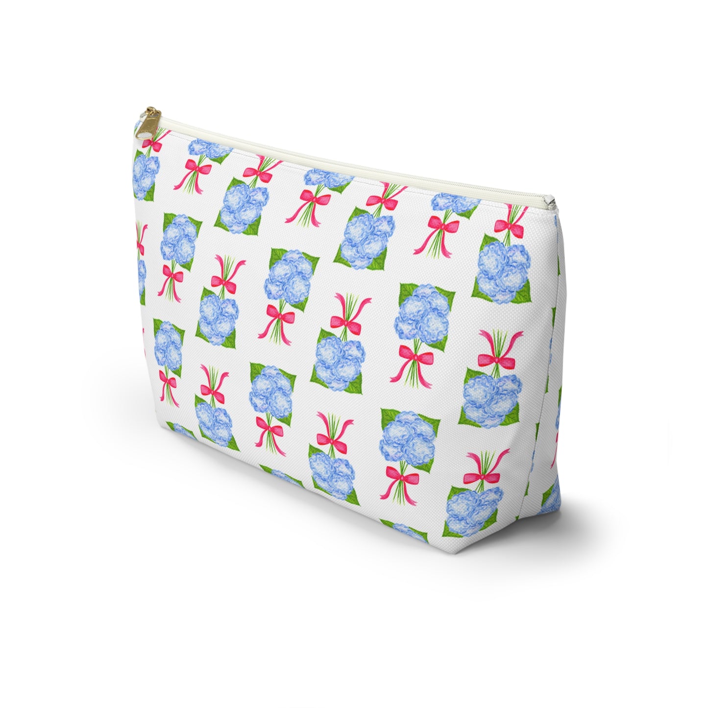 Blue Hydrangea Bouquets with Hot Pink Bows Watercolor Illustrated Printed Accessory Pouch T-Bottom | Large or Small