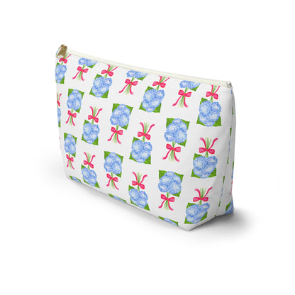 Blue Hydrangea Bouquets with Hot Pink Bows Watercolor Illustrated Printed Accessory Pouch T-Bottom | Large or Small
