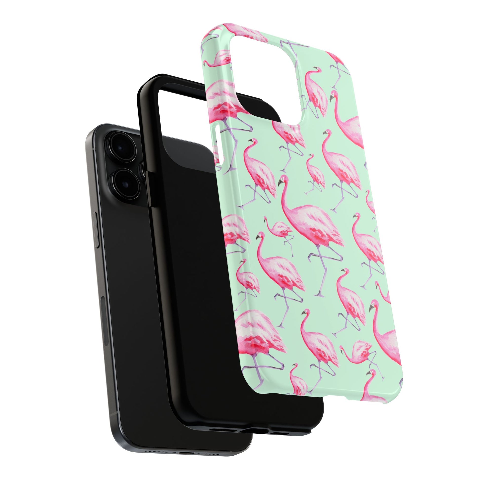 Pink Flamingos Watercolor Illustrated Tossed Pattern Green Phone Case | Various Models