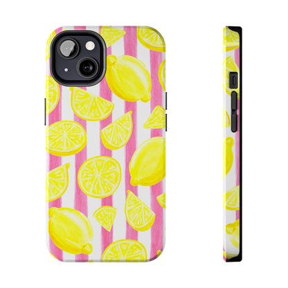 Pink Lemonade Yellow Lemons with Pink & White Watercolor Stripes Tough Phone Case