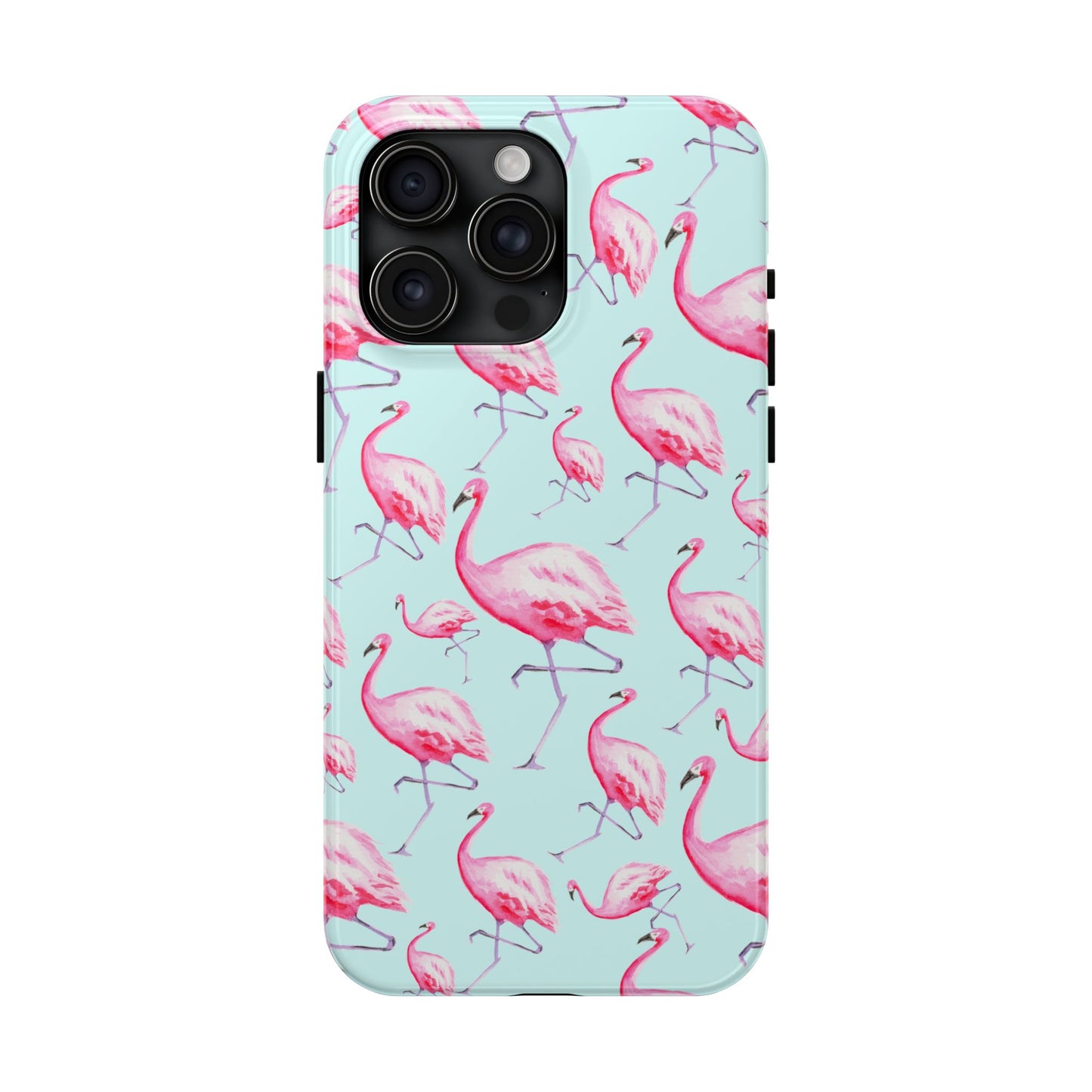 Pink Flamingos Watercolor Illustrated Tossed Pattern Blue Phone Case | Various Models iPhone 15 Pro Max
