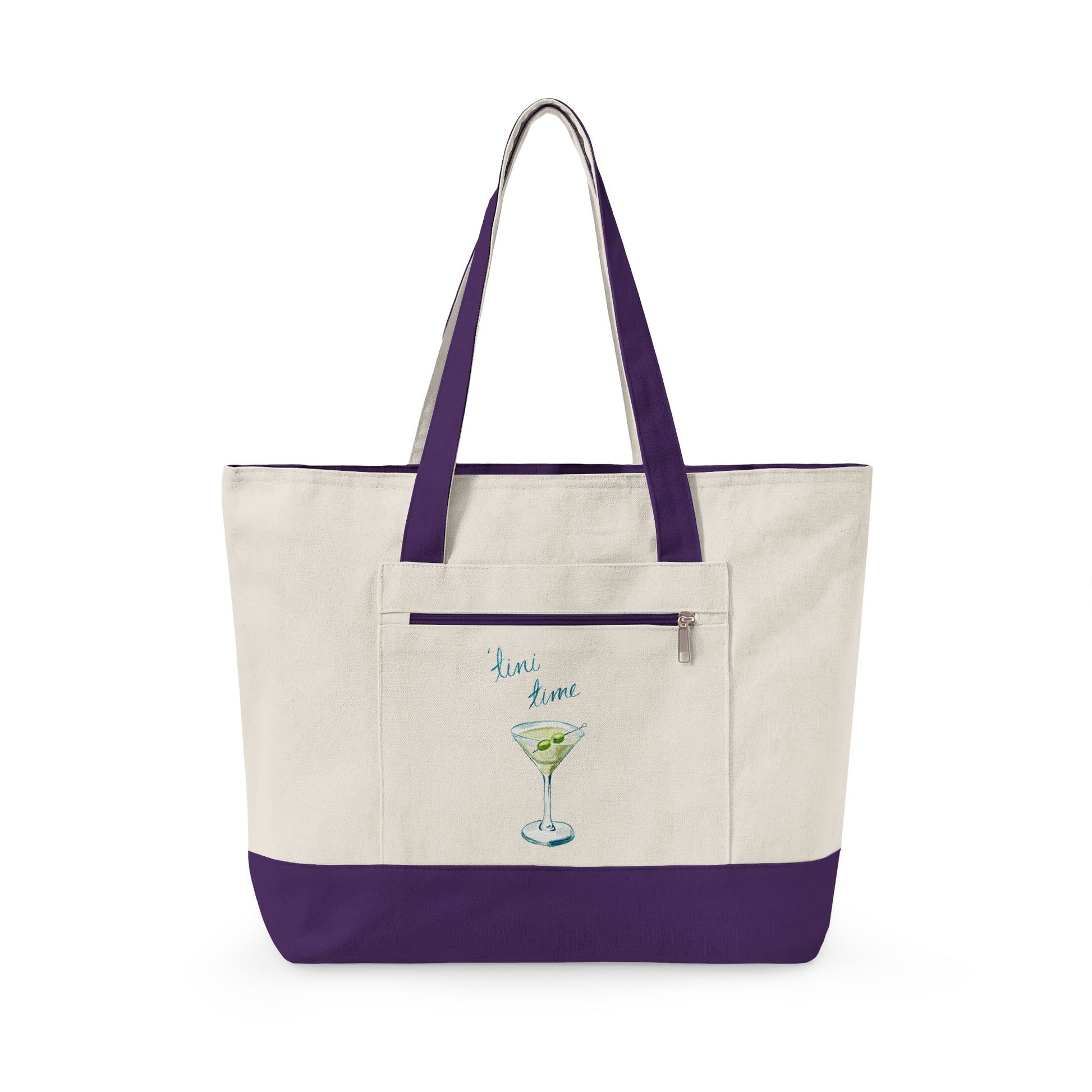"'Tini Time" Blue Green Watercolor Martini Printed Zippered Canvas Tote 18" x 14" | Various Colors 18" x 14" x 4.5" Natural Purple