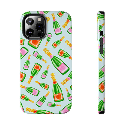 Tossed Pink and Green & Orange and Green Watercolor Illustrated Champagne Bottles Pattern Light Blue Tough Phone Case | Various Models