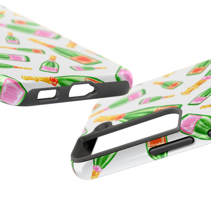 Tossed Pink and Green & Orange and Green Watercolor Illustrated Champagne Bottles Pattern Tough Phone Case | Various Models