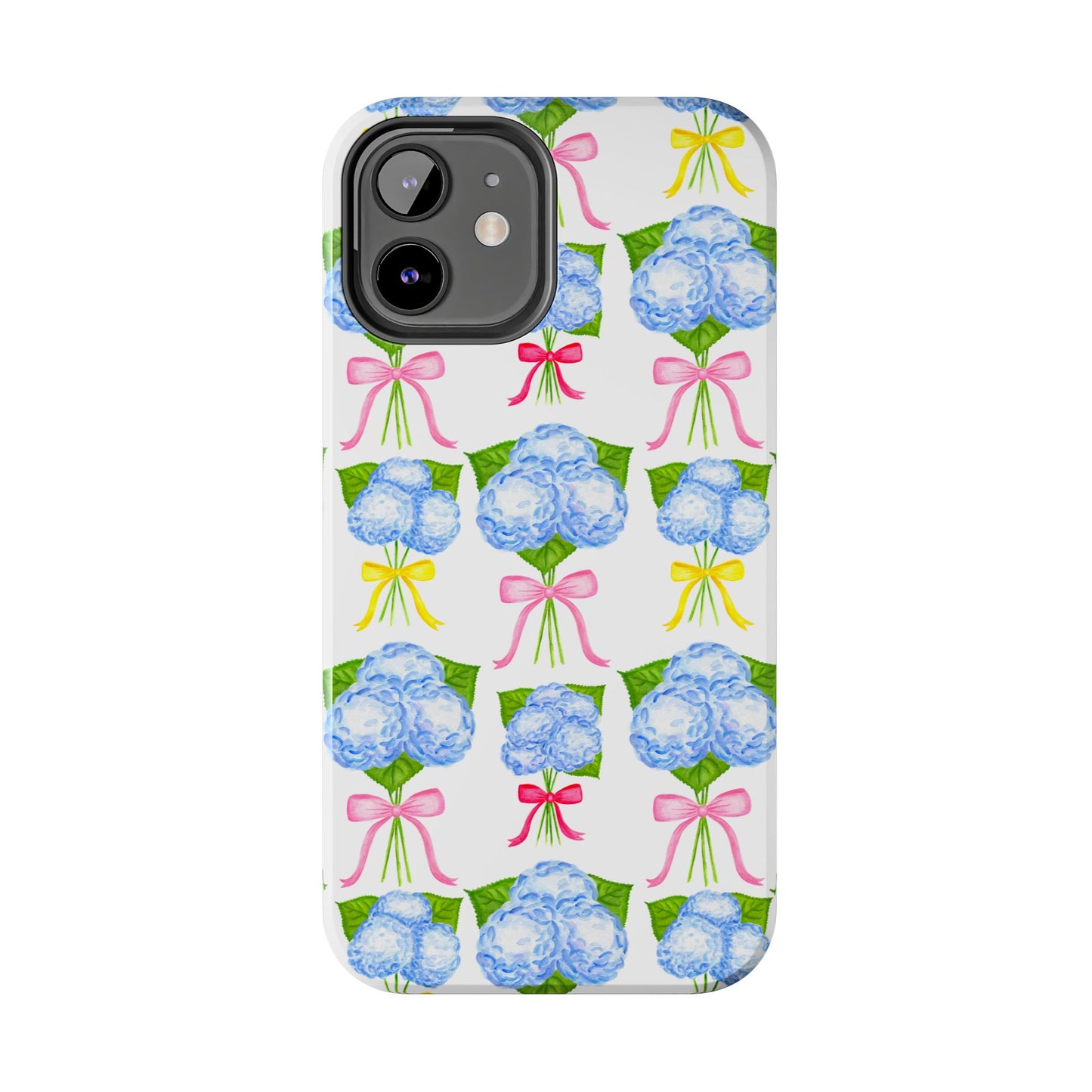 Blue Hydrangeas with Hot Pink, Yellow, Light Pink Bows Watercolor Illustrated Patterned Tough Phone Case | Various Models