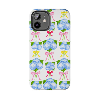 Blue Hydrangeas with Hot Pink, Yellow, Light Pink Bows Watercolor Illustrated Patterned Tough Phone Case | Various Models