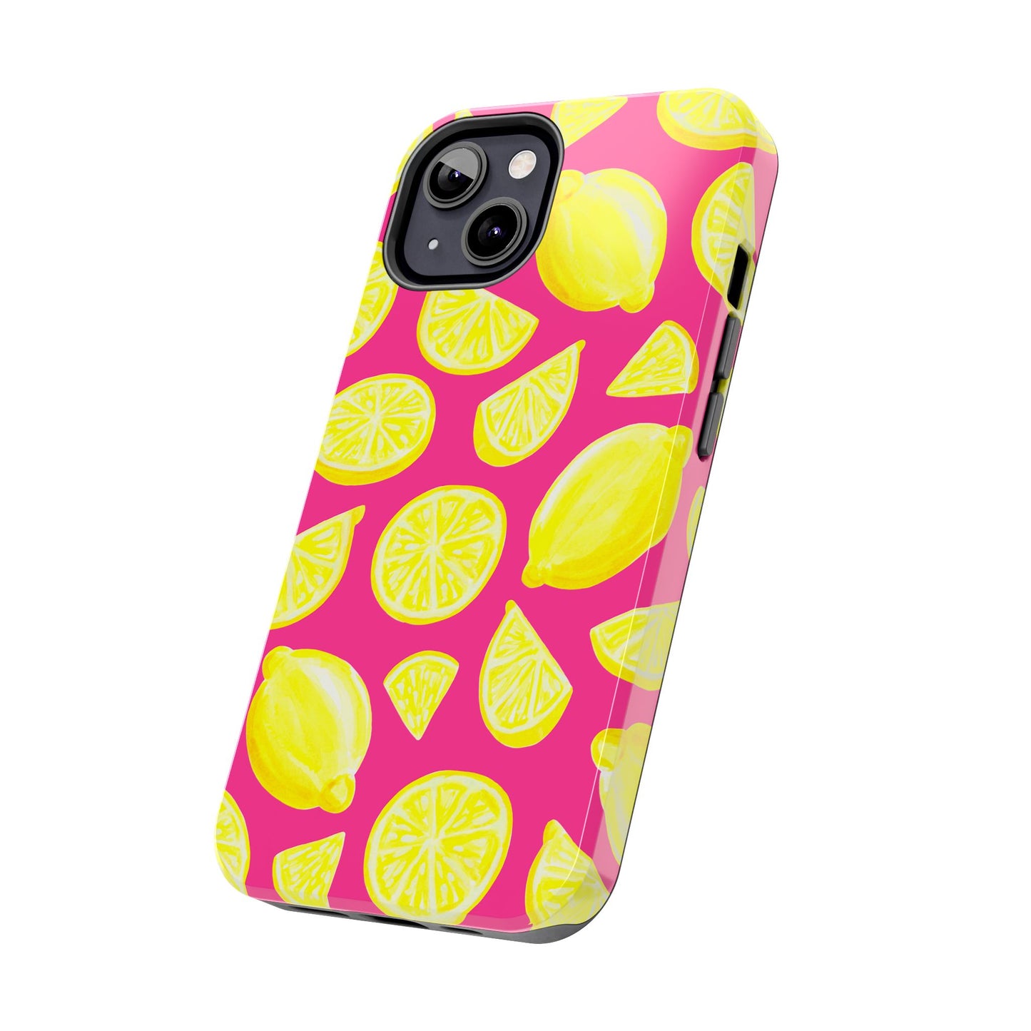 Bright Yellow Lemons Watercolor Illustrated Tossed Pattern Watermelon Pink Tough Phone Case | Various Models