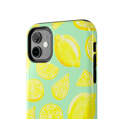 Bright Yellow Lemons Watercolor Illustrated Tossed Pattern Mint Green Tough Phone Case | Various Models