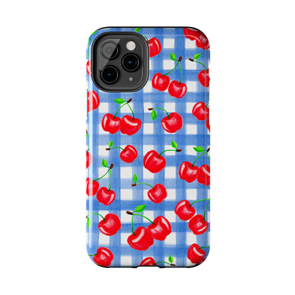 Tossed Red Watercolor Illustrated Cherries Light Blue Gingham Tough Phone Case | Various Models