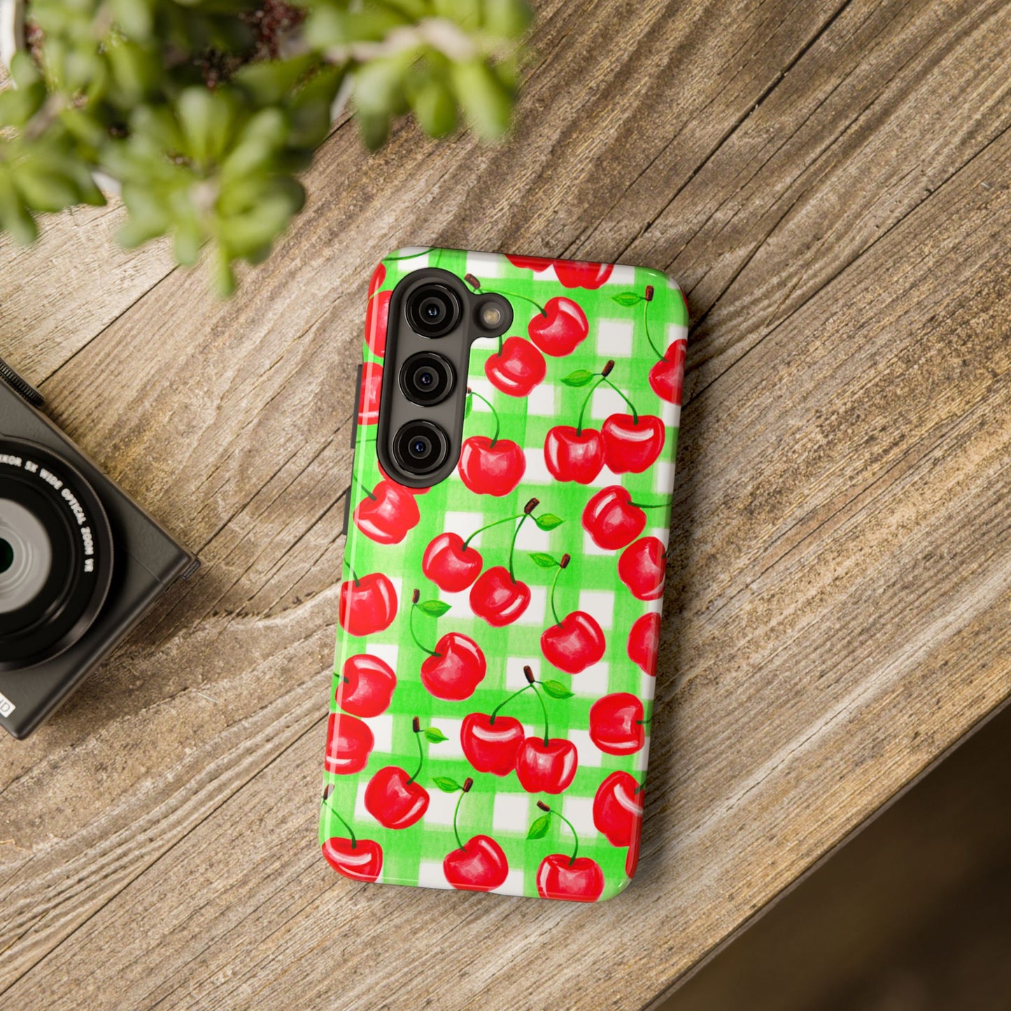 Red Tossed Cherries Green Gingham Watercolor Illustrated Tough Phone Case | Various Models Available