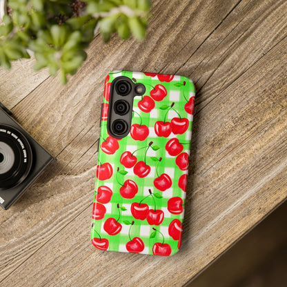 Red Tossed Cherries Green Gingham Watercolor Illustrated Tough Phone Case | Various Models Available