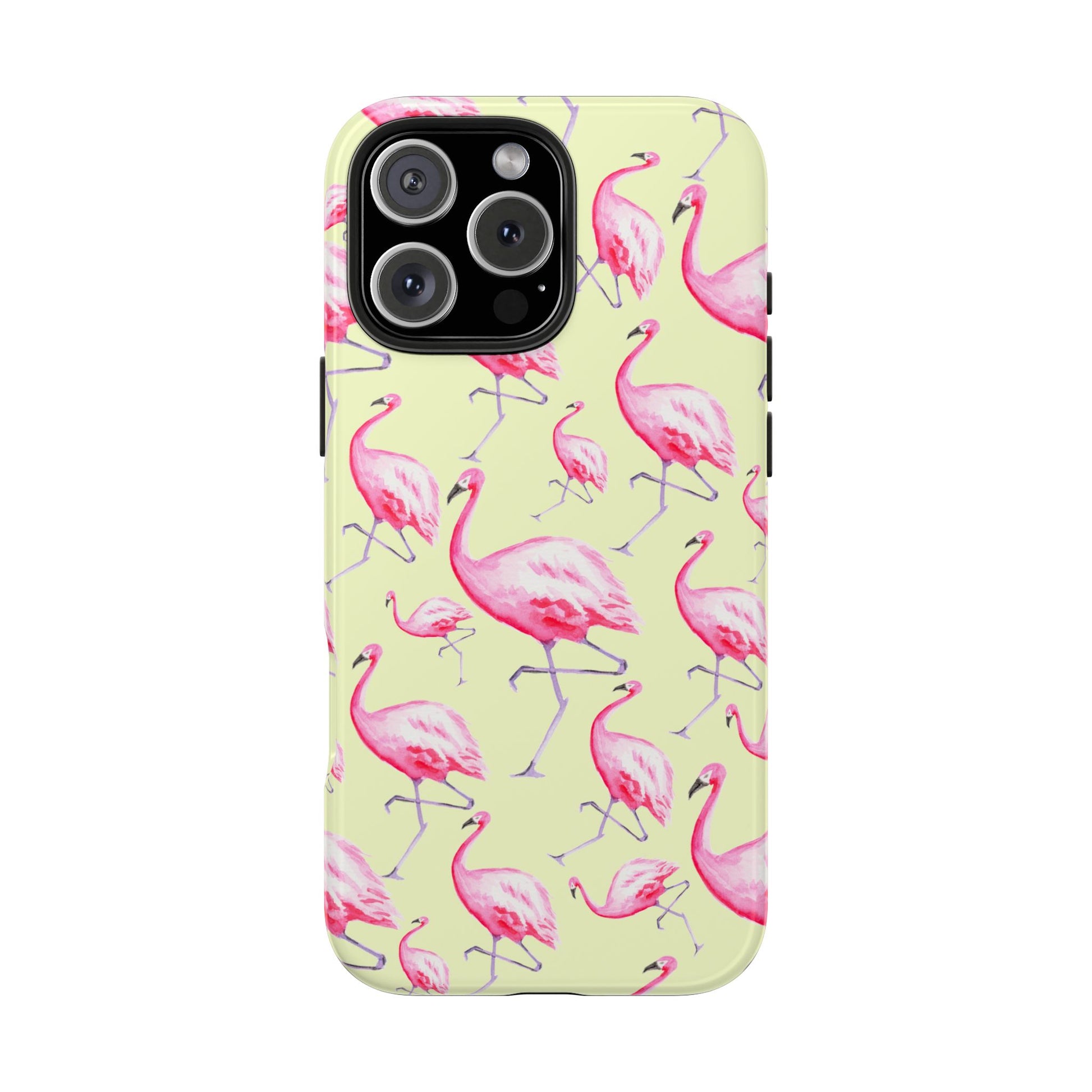 Pink Flamingos Watercolor Illustrated Tossed Pattern Yellow Phone Case | Various Models iPhone 16 Pro Max