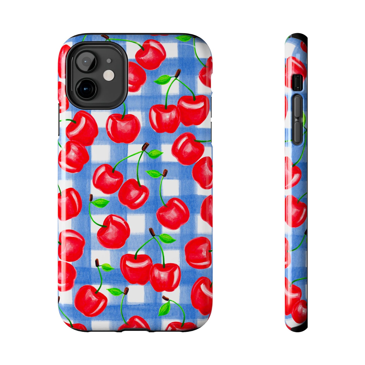 Tossed Red Cherries Blue Gingham Checkered Watercolor Illustrated Tough Phone Case | Various Models