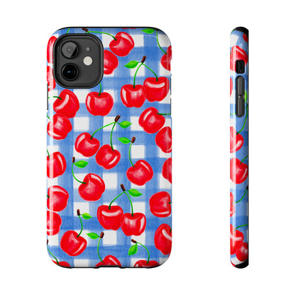 Tossed Red Cherries Blue Gingham Checkered Watercolor Illustrated Tough Phone Case | Various Models