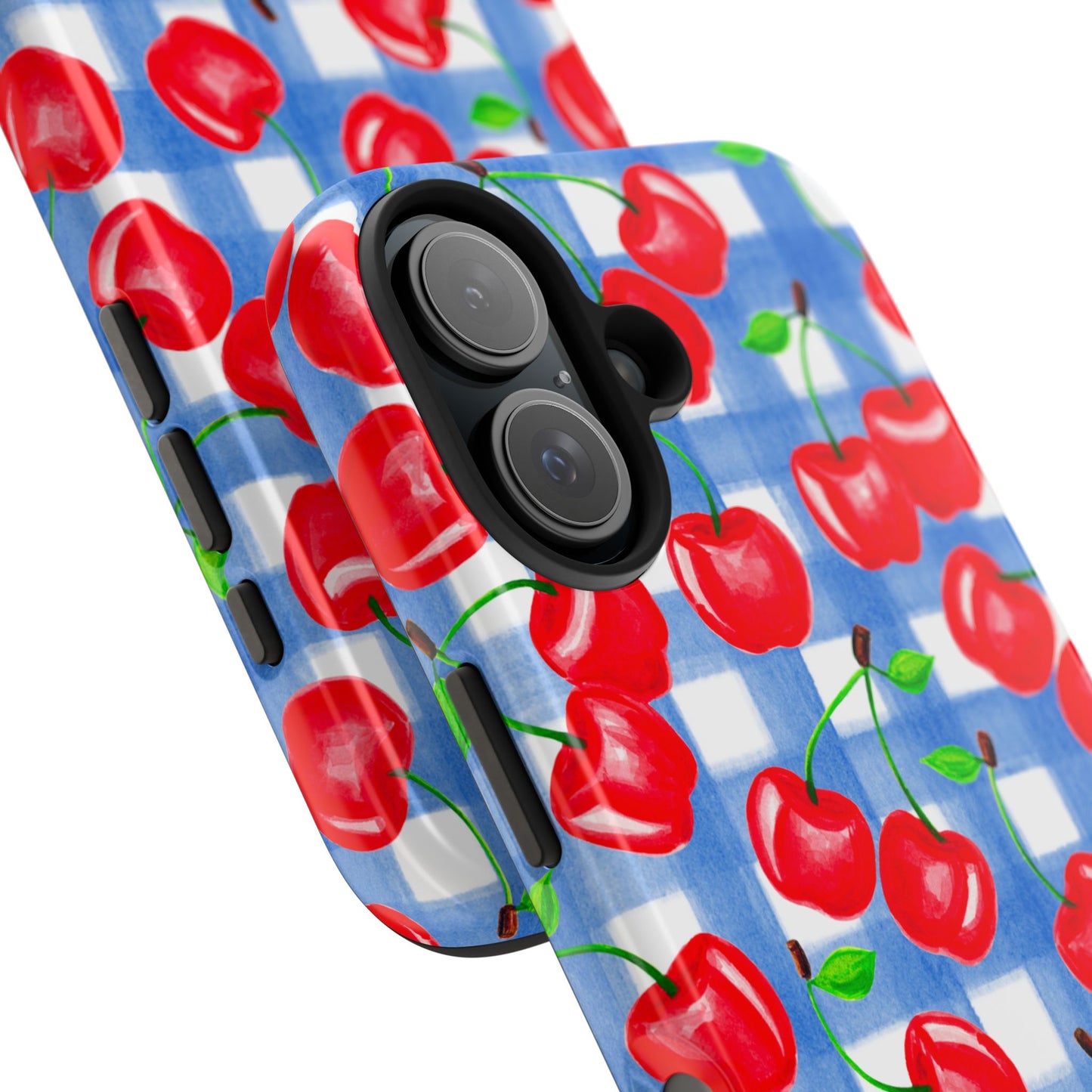 Tossed Red Cherries Blue Gingham Checkered Watercolor Illustrated Tough Phone Case | Various Models
