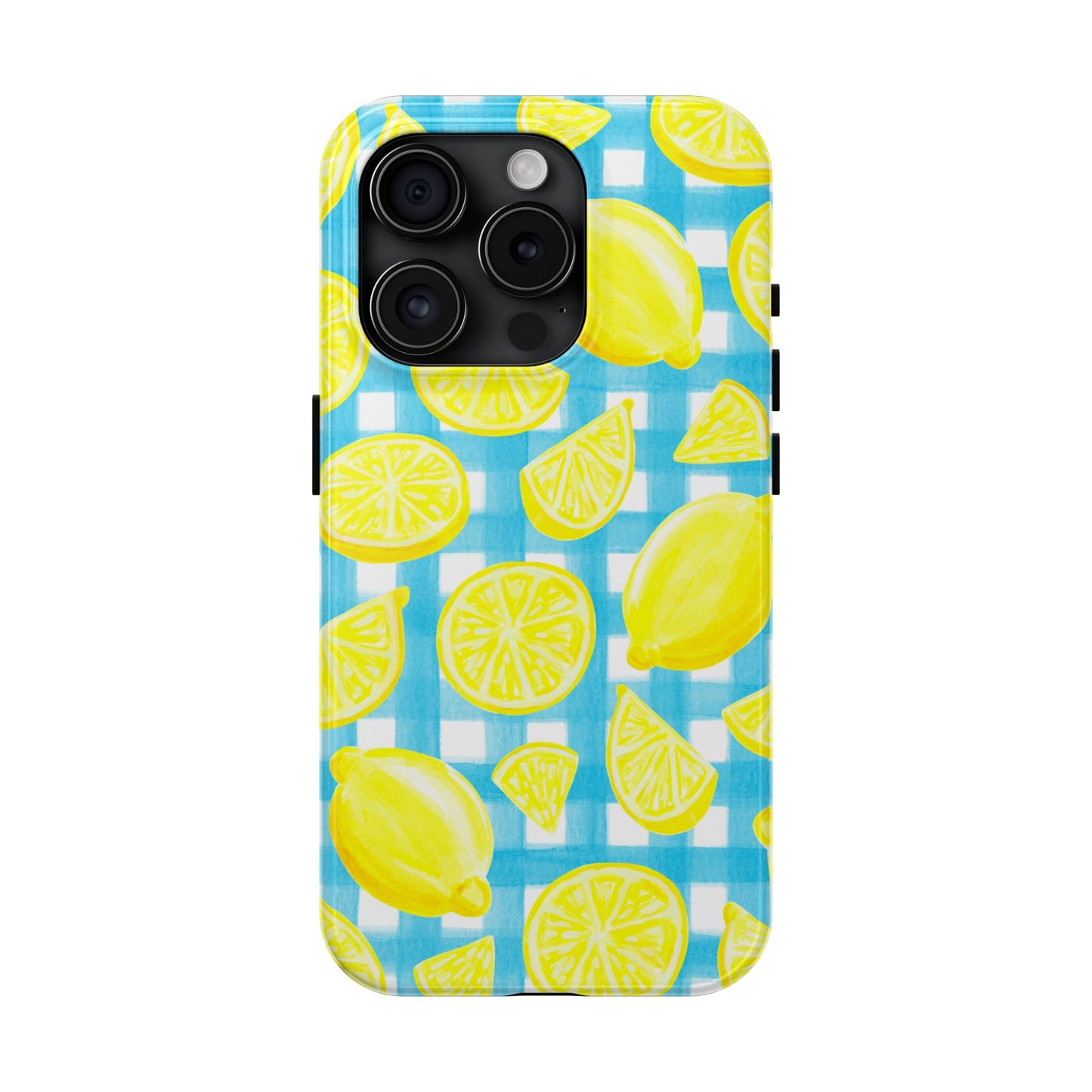 Bright Yellow Lemons Watercolor Illustrated Tossed Pattern Turquoise Gingham Tough Phone Case | Various Models