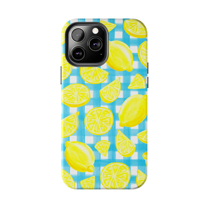 Bright Yellow Lemons Watercolor Illustrated Tossed Pattern Turquoise Gingham Tough Phone Case | Various Models