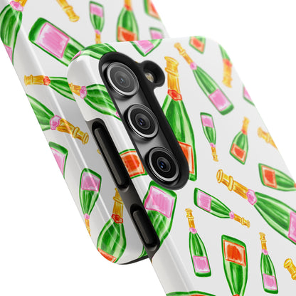 Tossed Pink and Green & Orange and Green Watercolor Illustrated Champagne Bottles Pattern Tough Phone Case | Various Models