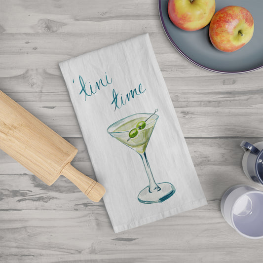 Tea Towel | 'tini Time Martini Watercolor Illustration | Happy Hour Kitchen Decor | Cocktail Lover Gift | Bar Cart Accessories |Hostess Gift
